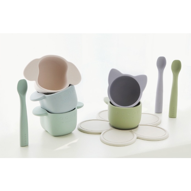 Set bát và muỗng ăn dặm silicone cao cấp cho bé Rocou Hàn Quốc