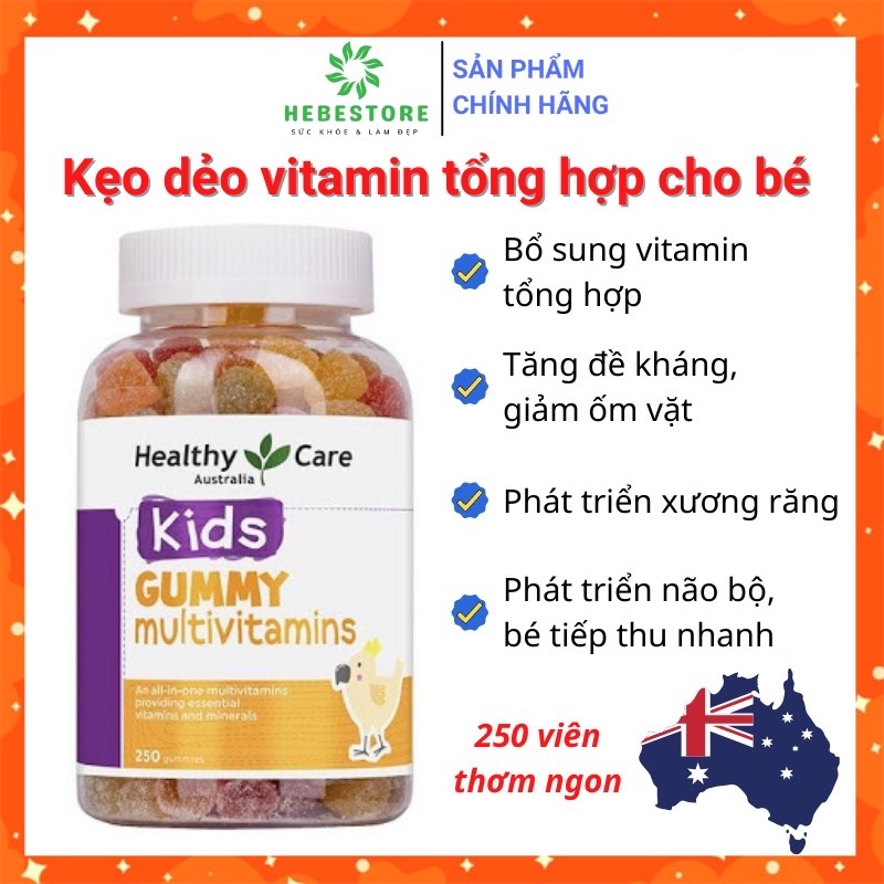 Kẹo dẻo Healthy Care Kids Gummy Omega 3/ Multivitamin, Úc cho trẻ 2 tuổi trở lên