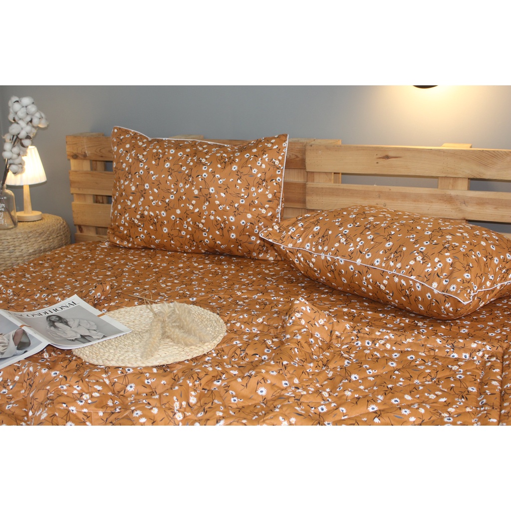 Bộ drap gối 4 món 100% cotton thiên nhiên Kha Ly có in logo trên nền vải- Mẫu Hoa Cúc Cam - Vải dày dặn mát mẻ siêu th
