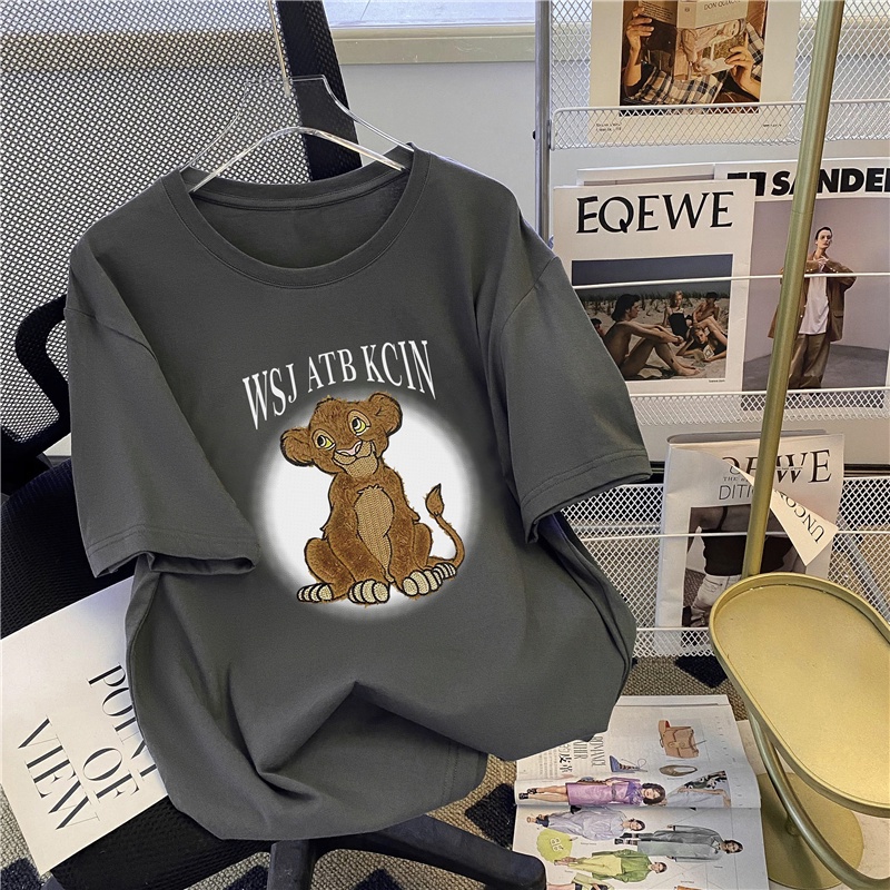 NRVP Áo thun 100% cotton tay ngắn dáng rộng in hình sư tử dễ thương