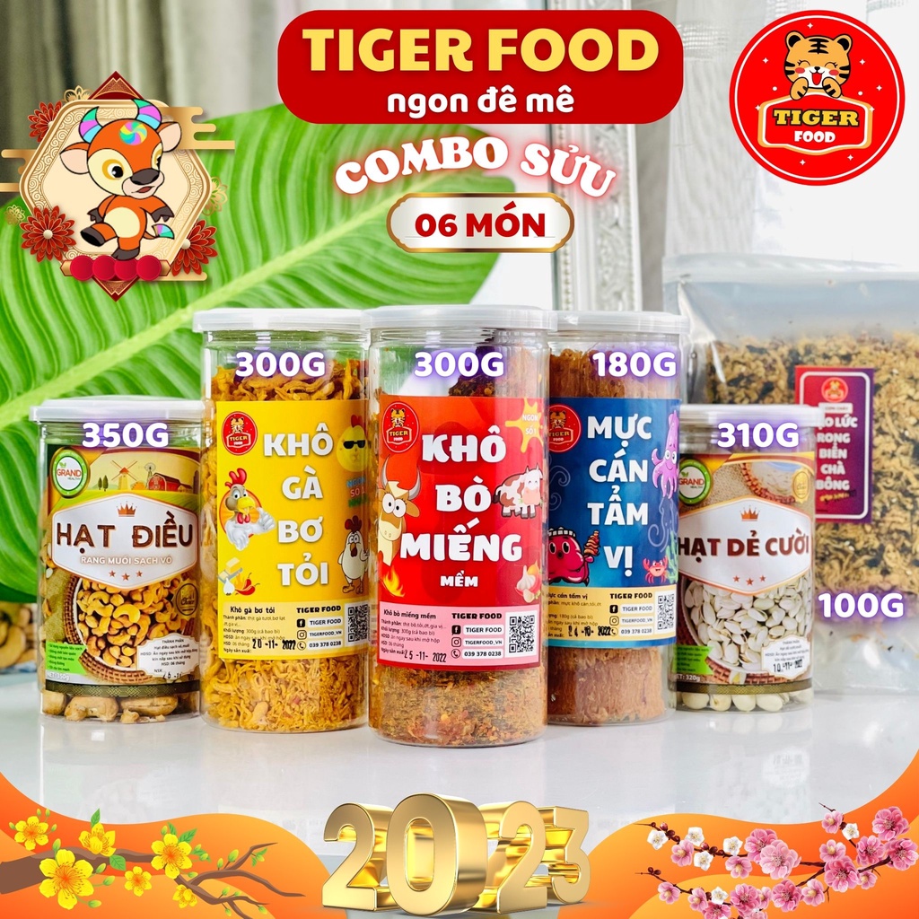 COMBO đồ ăn vặt phong cách 12 con giáp COMBO SỬU Khô gà -khô bò- cơm cháy -khô mực -hạt điều -hạt dẻ - TIGER FOOD