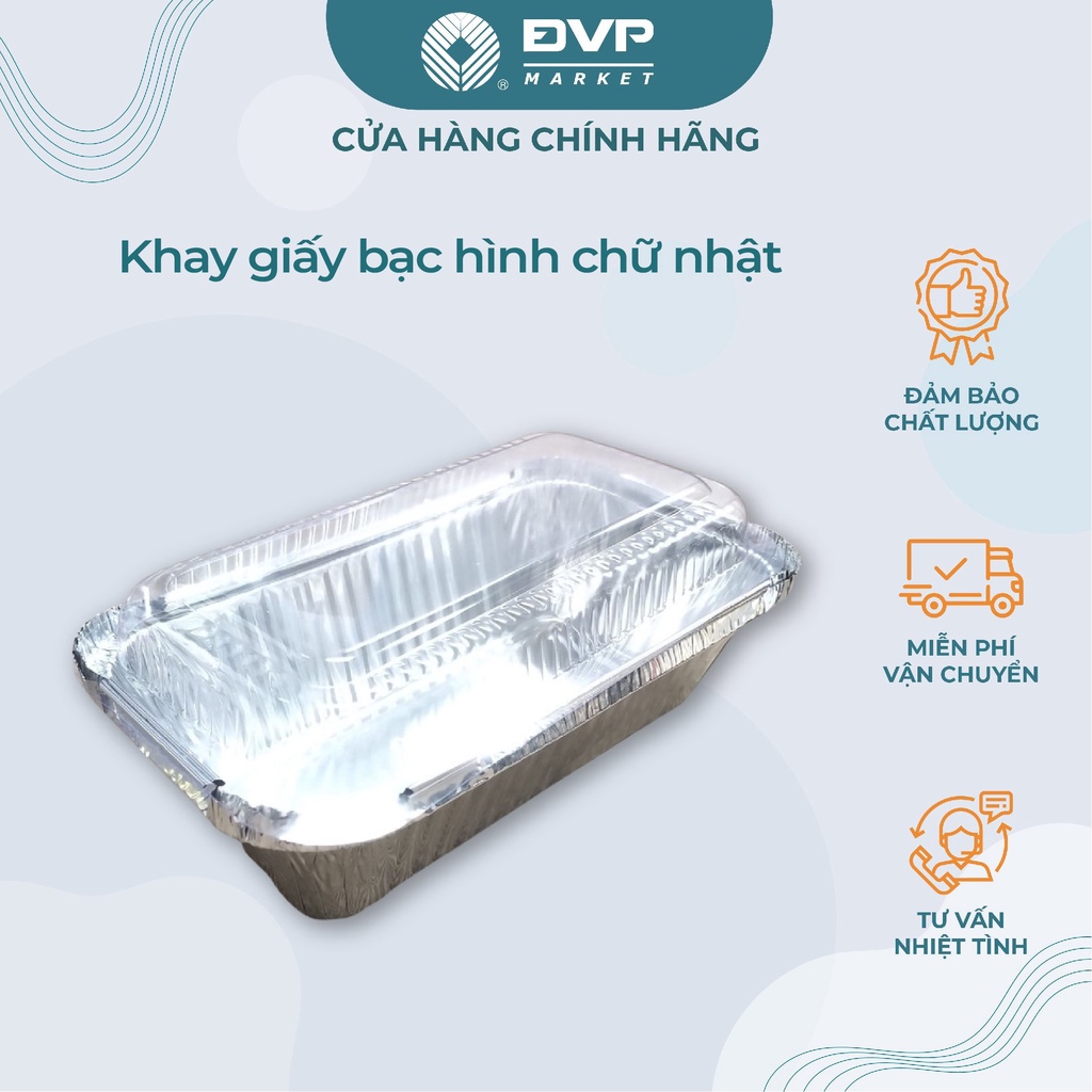 Set 50 khay giấy bạc chữ nhật có nắp, dùng được cho lò nướng