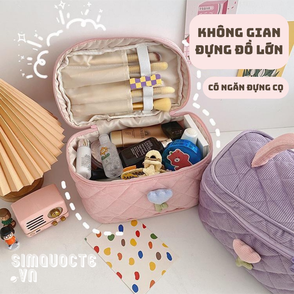 Túi đựng mỹ phẩm du lịch vải nhung tăm Corduroy màu hoạ tiết hoa tulip xinh xắn dễ thương TMP32