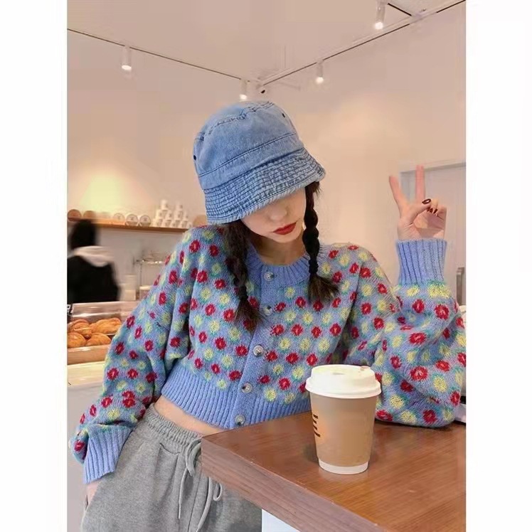 Áo Khoác Cardigan Dáng Rộng In Hoa Nhỏ Kiểu Hàn Quốc Dễ Thương Cho Nữ