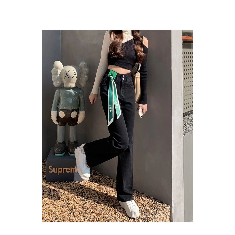 Quần Jean Nữ Ống Rộng Phối Dây Ruy Băng Kiểu Hàn Quốc Mới