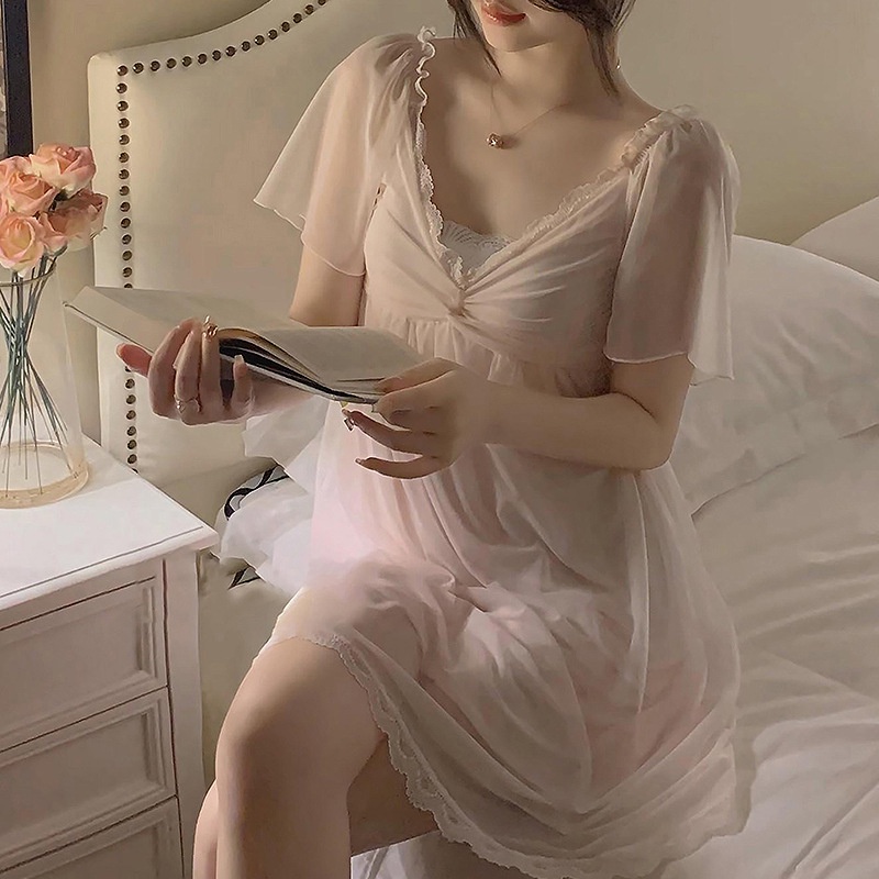 Herbe 'S Secret  Đầm Ngủ Phối Ren Có Đệm Ngực Có Thể Mặc Ngoài Trời Mùa Hè Thuần Khiết Có Thể Mặc Ngoài Trời