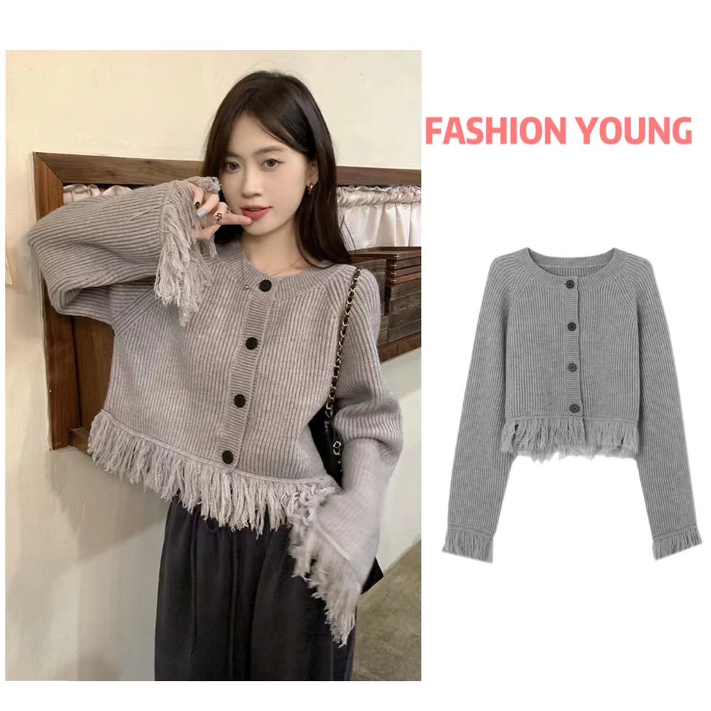 Áo Cardigan Dệt Kim Cổ Tròn Dáng Ôm Phối Tua Rua Phong Cách Phương Tây Thời Trang Mùa Thu Mới Cho Nữ