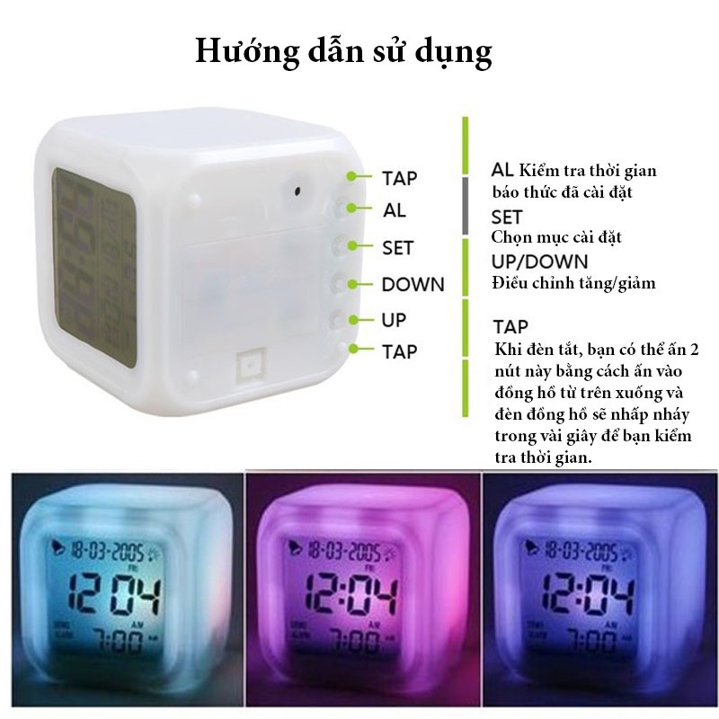 Đồng Hồ Điện Tử Để Bàn Có LED 7 Màu, Đa Chức Năng: Thời Gian, Lịch, Báo Thức, Nhiệt Độ VERSION 2 HÌNH VUÔNG SONHOUSE