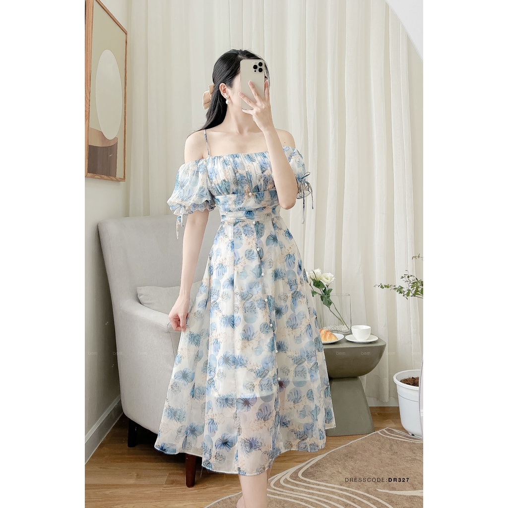 ĐẦM HOA TƠ XƯỚC XANH TAY RỚT VAI NGỰC XẾP LI NỮ TÍNH BEM STUDIO (DR327)