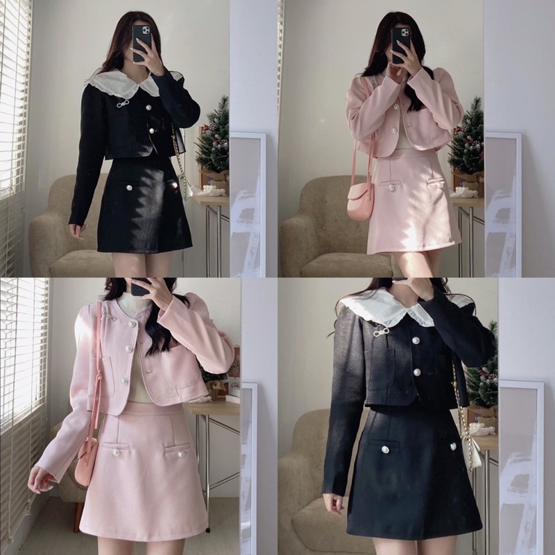 SET DẠ TWEED TAY BỒNG CÚC NGỌC TAG NƠ KÈM CHÂN VÁY CHỮ A SDTTBC