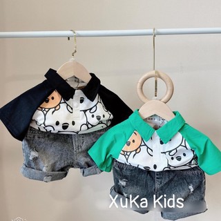 Bộ cộc tay kèm quần bò jean cho bé, set áo polo bé trai bé gái 8-20kg