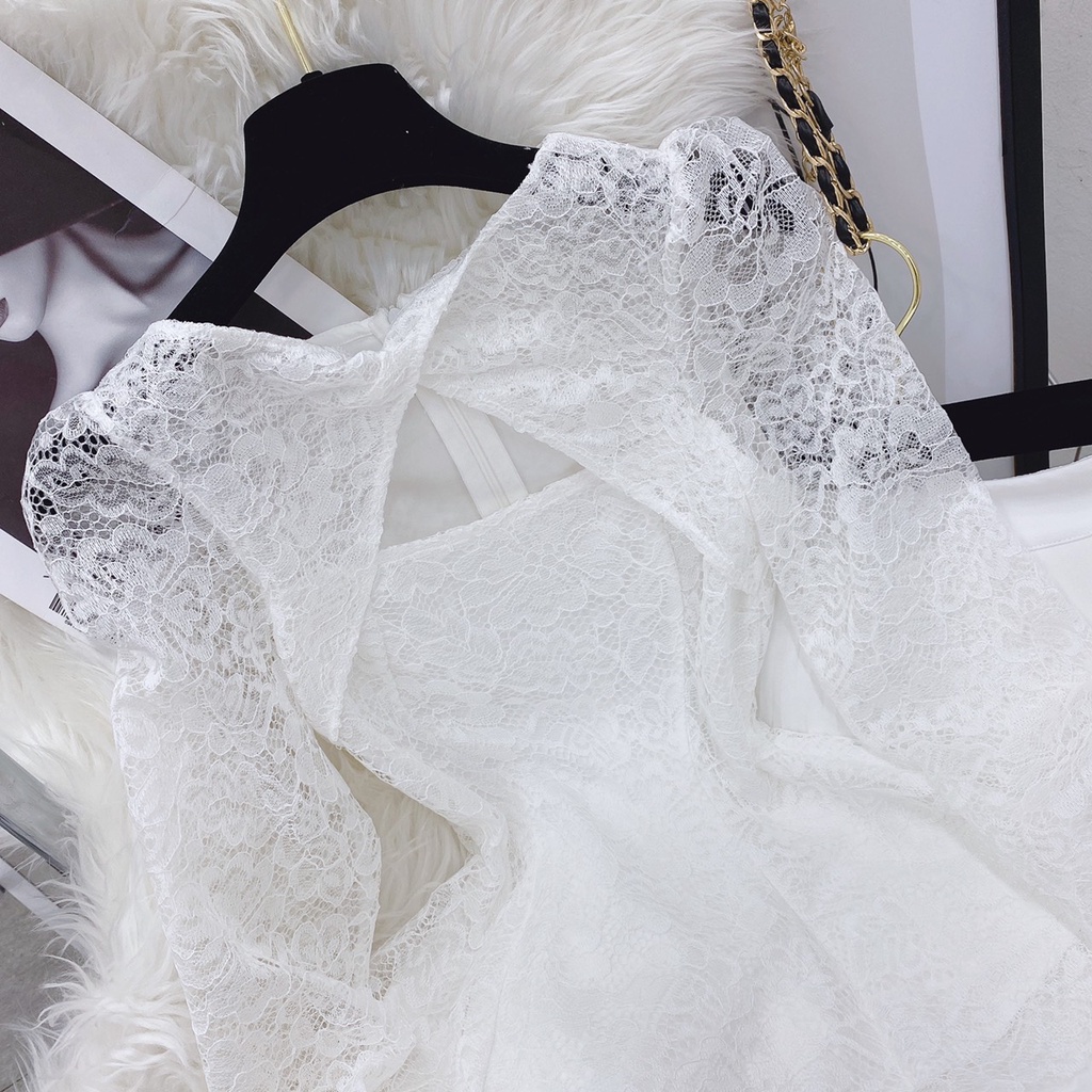 SET ÁO REN KHOÉT NGỰC TAY DÀI + CHÂN VÁY DẬP LY