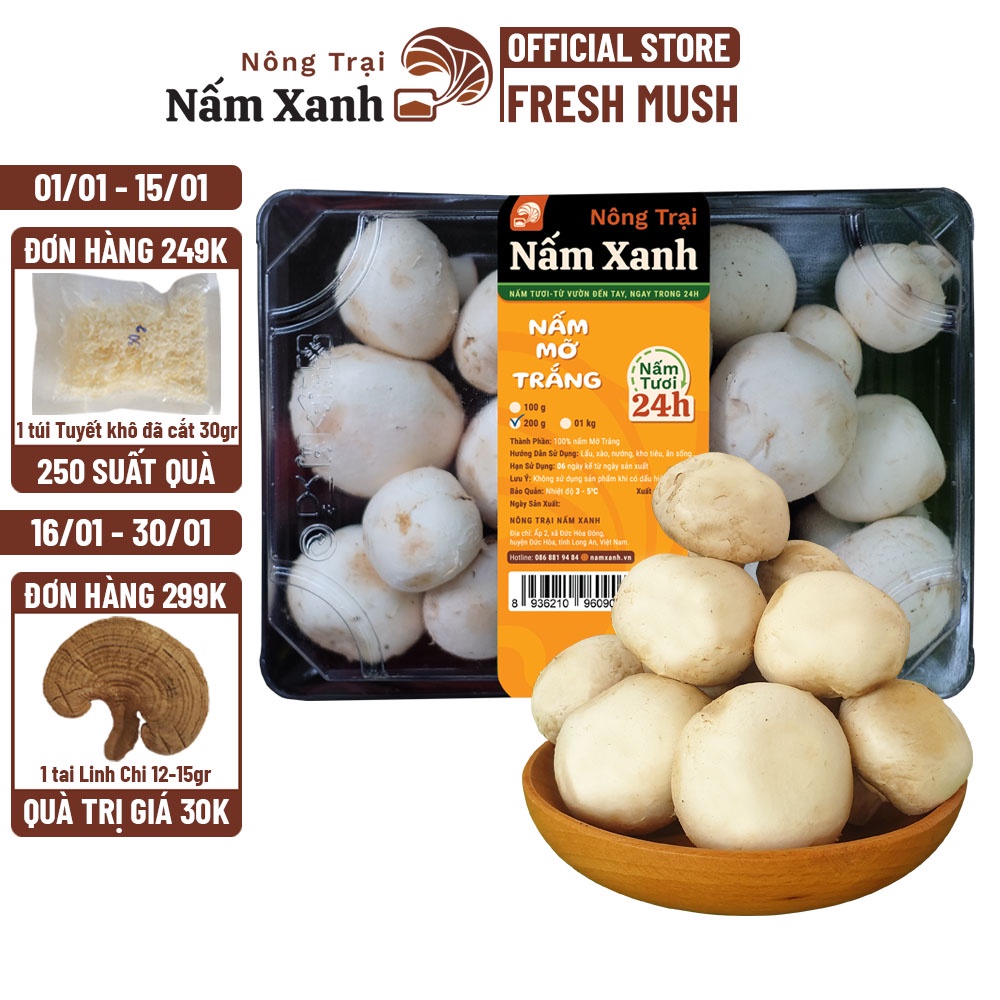 Nấm Mỡ Trắng Tươi 200gr Loại 1 Ngon Sạch Bổ Dưỡng - Nông Trại Nấm Xanh