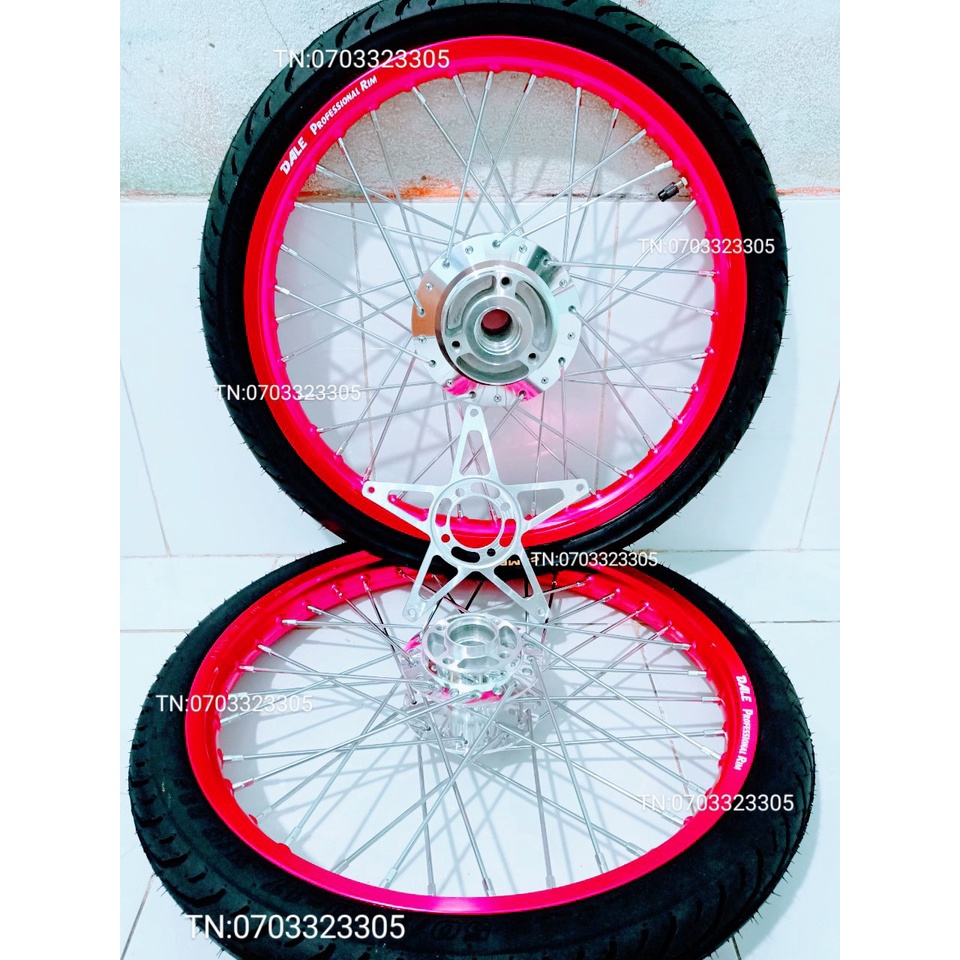 CẶP BÁNH CĂM RAIDER SATRIA NIỀN NHÔM DALE. BAN ZAI .SOLUTE .SH THÁI HỒNG .KÈM VỎ CAMEL THÁI 50.60 VỚI LÒNG NGÔI SAO .