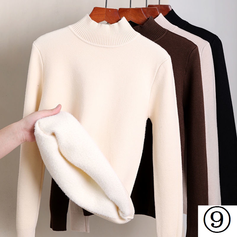 Áo Sweater Dệt Kim Một Mảnh Lót Lông Cừu Dày Dặn Cổ Lọ Giữ Ấm Mùa Thu Đông Cho Nữ
