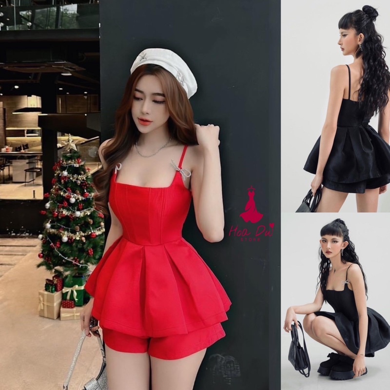 Set áo Peplum kết nơ đá kèm quần short chất Taffta cao cấp hợp đi Noel chơi Tết xinh xắn trẻ trung