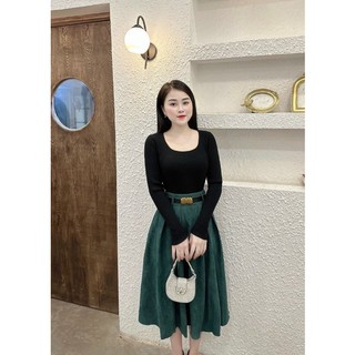 Chân váy nhung tăm, xếp ly, kèm đai
