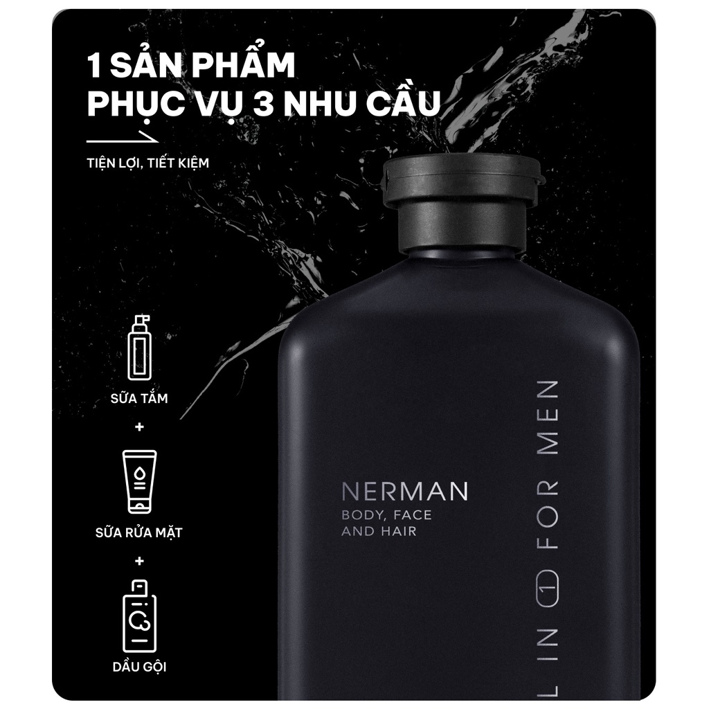 Sữa tắm gội hương nước hoa cao cấp Gentleman 3 in 1 NERMAN 350ml, mùi hương thơm dịu lưu hương lâu