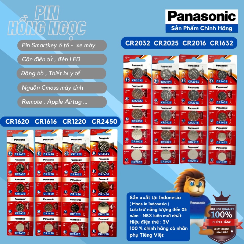 Vỉ 5 Viên Pin CR2032 / CR2025 / CR2016 / CR1632 / CR1620 / CR1616 / CR1220 / CR2450 / LR44 Panasonic Lithium 3V