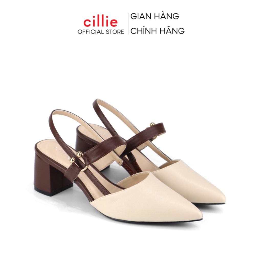 Giày sandal cao gót nữ slingback mũi nhọn thanh lịch phối màu nhẹ nhàng đế vuông Cillie 1167