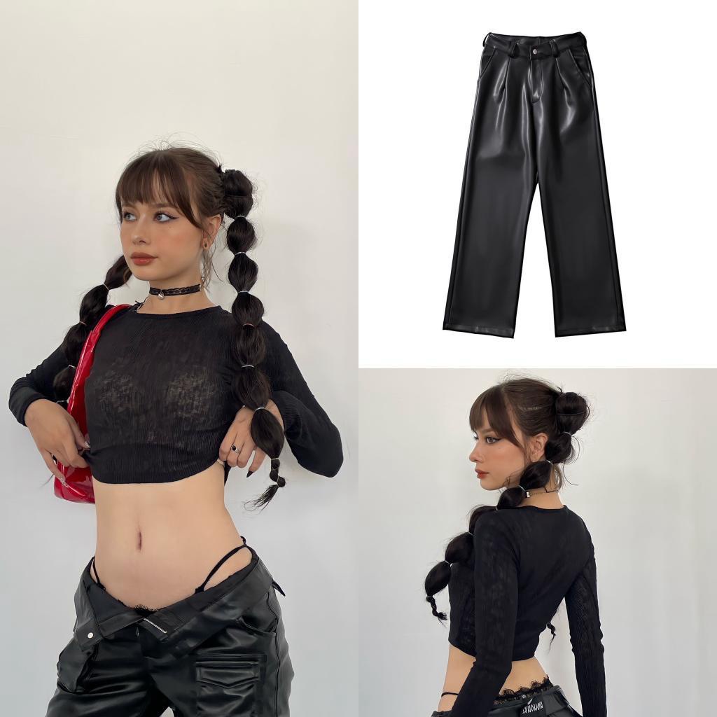 Set Quần Da Ống Rộng Lưng Cao Và Áo Croptop Phối Lưới . - ( Quần da và croptop 2 )