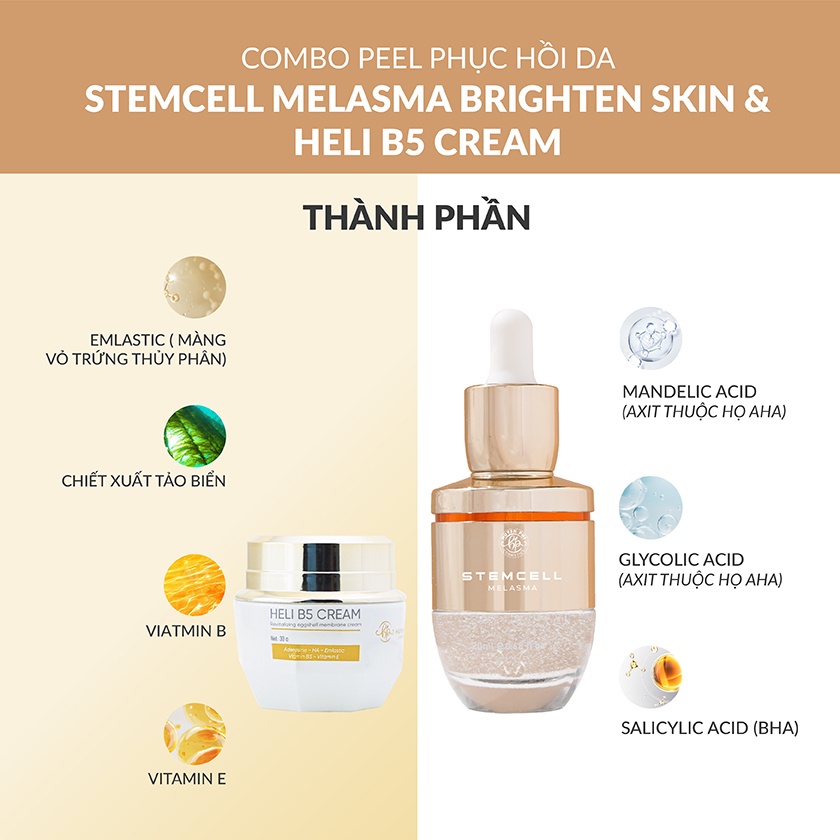 Combo Peel da Stemcell Melasma Brighten Skin 20ml + Kem phục hồi Heli B5 Cream 30g