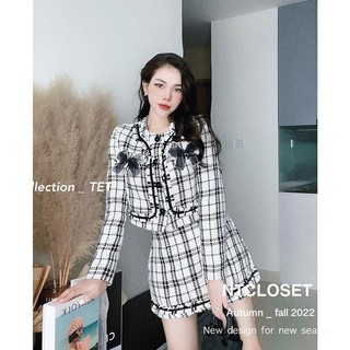 Set áo chân váy dạ kẻ đính nơ ntcloset