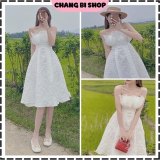 Đầm gấm - Váy gấm 2 dây ngọc vol bèo ngực họa tiết nổi cực sang chảnh để dự tiệc phong cách Hàn Quốc Chang Bi Shop