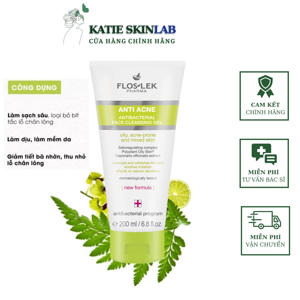 Sữa rửa mặt diệt khuẩn cho da nhờn mụn Floslek Anti Acne Bacterial Face Cleansing Gel 200ml và 125ml
