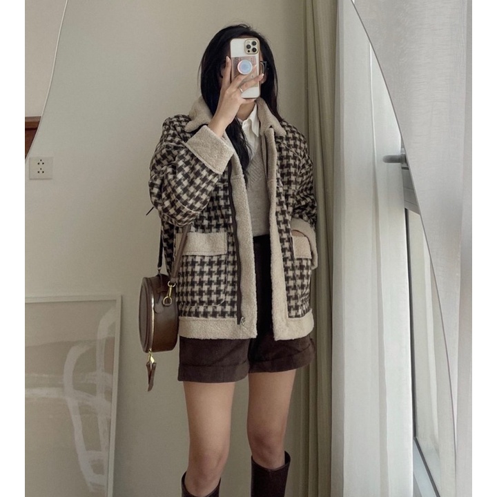 Áo khoác dạ hoạ tiết caro lót lông cừu kẻ nâu phong cách Hàn Quốc hàng quảng châu