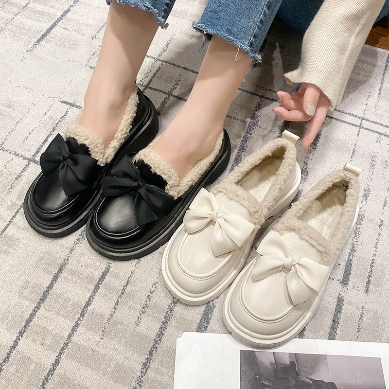 Giày Da Đế Dày Mềm Mại Lót Lông Cừu Đính Nơ Phong Cách Nhật Bản Thời Trang Thu Đông Cho Nữ