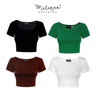 Áo croptop MILINAA chất thun gân cổ vuông bốn màu đợn giản năng động C2672