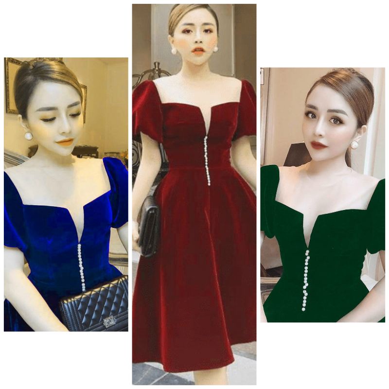 đầm nhung dáng xòe phối lưới đính cườm cao cấp