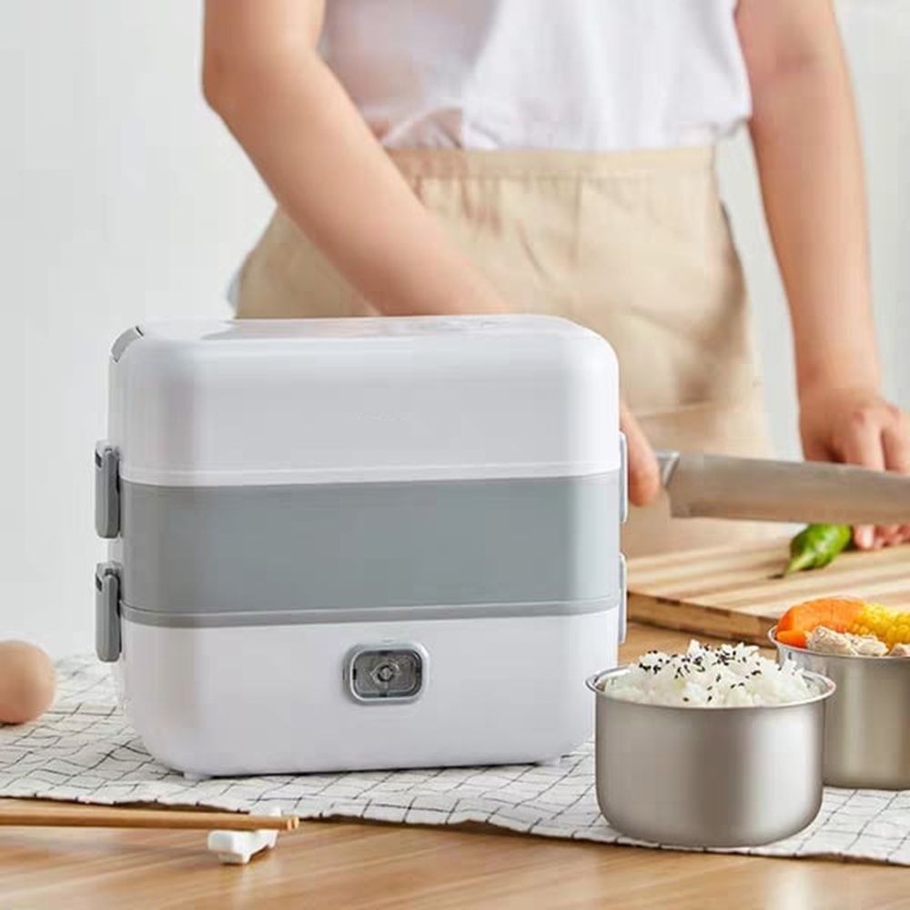 Nồi cơm điện mini cho cá nhân, dân văn phòng 2 tầng, 4 ngăn riêng biệt, có quai xách tiện lợi - Cạp lồng hâm cơm giá rẻ