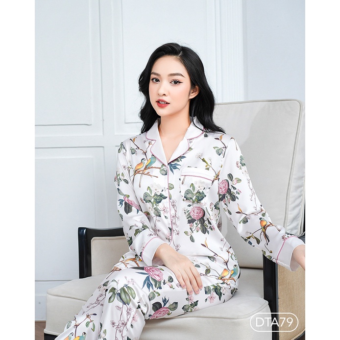 Bộ Pyjama satin ZAM Luxury - DTA79 - áo dài tay quần dài hoạ tiết