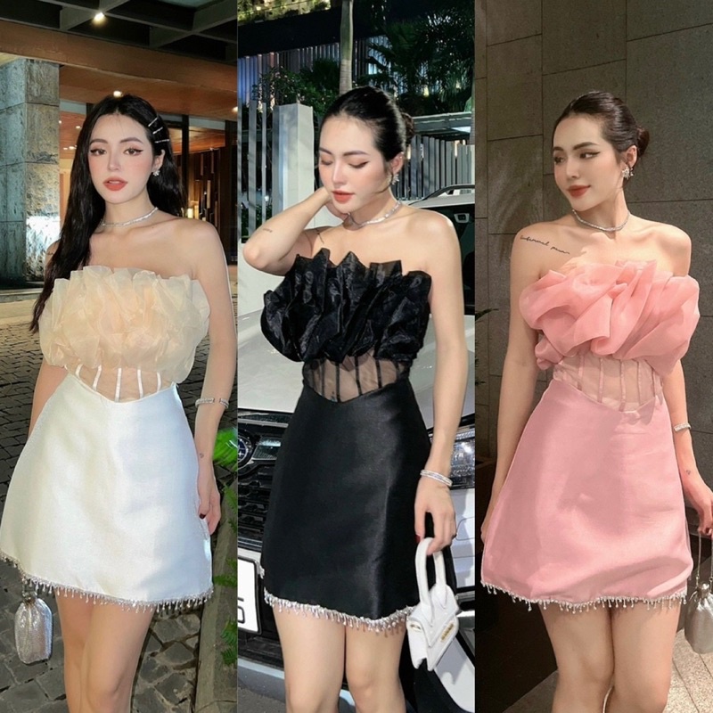 Đầm tafta nhũ kem đen hồng cúp ngực phối bèo đính đá cao cấp, váy ngắn dáng chữ A tiểu thư sang trọng đi tiệc cưới bar