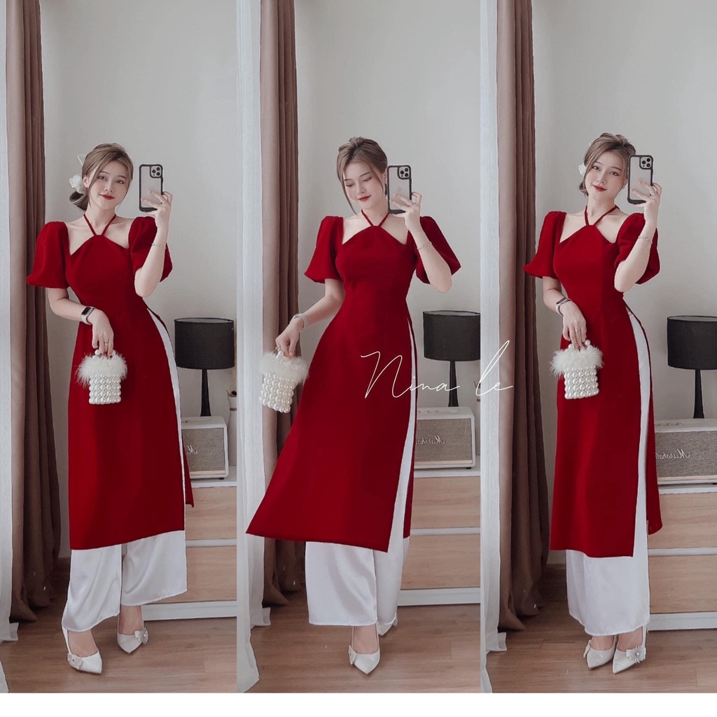 Bộ áo dài đỏ phối quần trắng ,tay ngắn phồng vai cổ yếm xẻ tà thời trang nữ duyên dáng dịu dàng