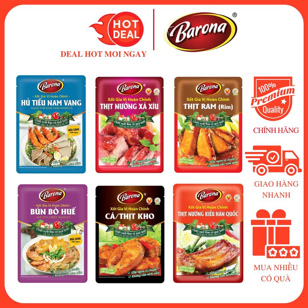Xốt Gia Vị Hoàn Chỉnh Barona Thịt Cá Bò Kho Rim Nướng/Gà Chiên Nước Mắm/Cà Ri Gói 80Gam Chính Hãng