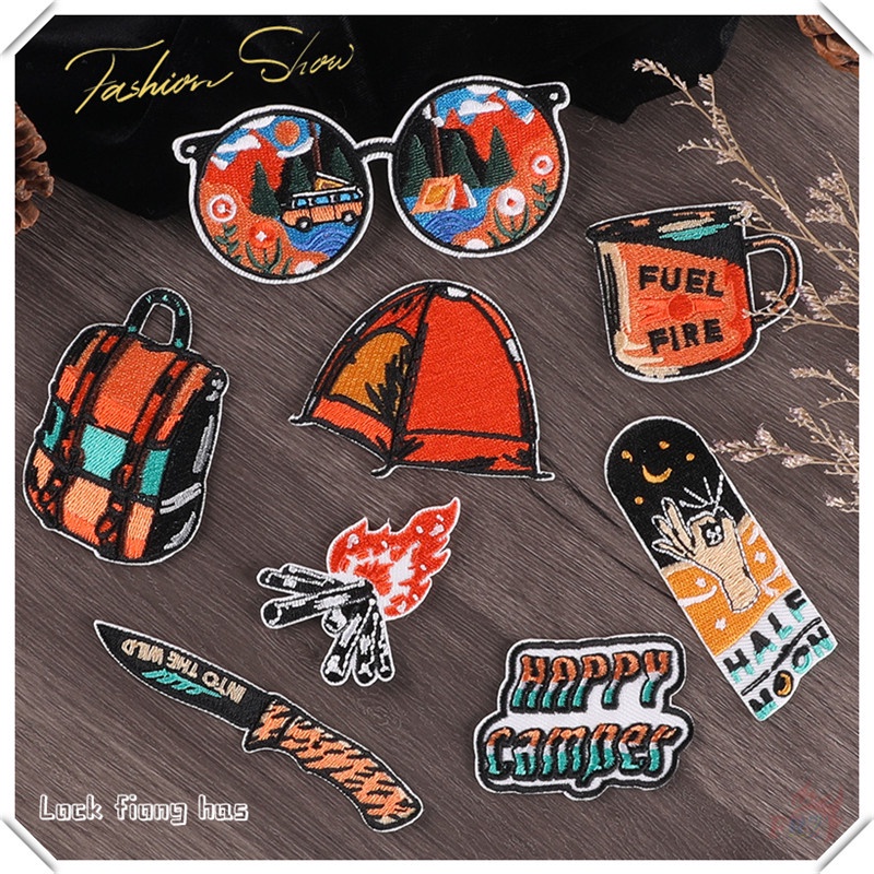 ♚ Happy Camper - Miếng Vá Ủi Phiêu Lưu Ngoài Trời ♚ 1 Sticker Ủi Thêu Hình Huy Hiệu