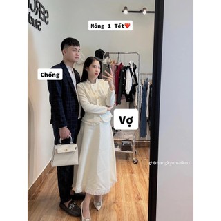 Set áo dạ tweed kèm chân váy xoè dài tiểu thư