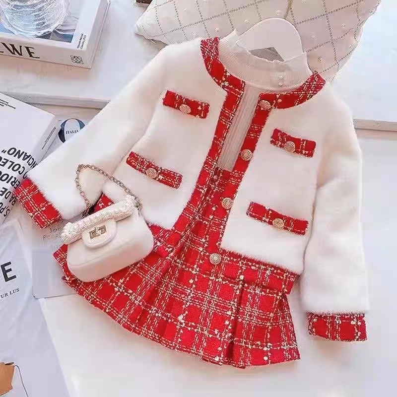 ▪️Set váy dạ tweed kèm áo khoác lông kẻ đỏ phong cách Hàn Quốc cho bé