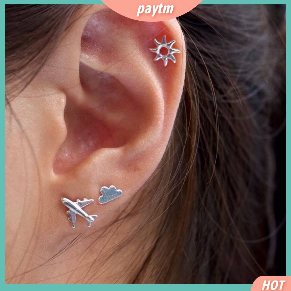 (PTM) Set 3 Khuyên Tai Hình Máy Bay / Đám Mây / Mặt Trời Thời Trang Cho Nữ