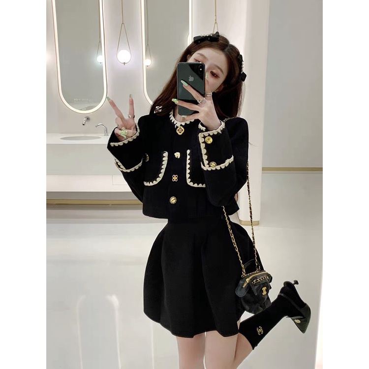 Set áo váy nhung Quảng Châu thiết kế dài tay phối viền ren tiểu thư, Set đồ nữ thu đông trẻ trung rẻ đẹp Bun Shop20