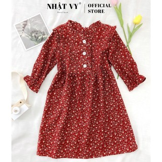 Đầm Bé Gái NHẬT VY Hoa Tay Dài Chất Nhung Mịn Đi Chơi Dáng Babydoll Màu Đỏ, Vàng - M17