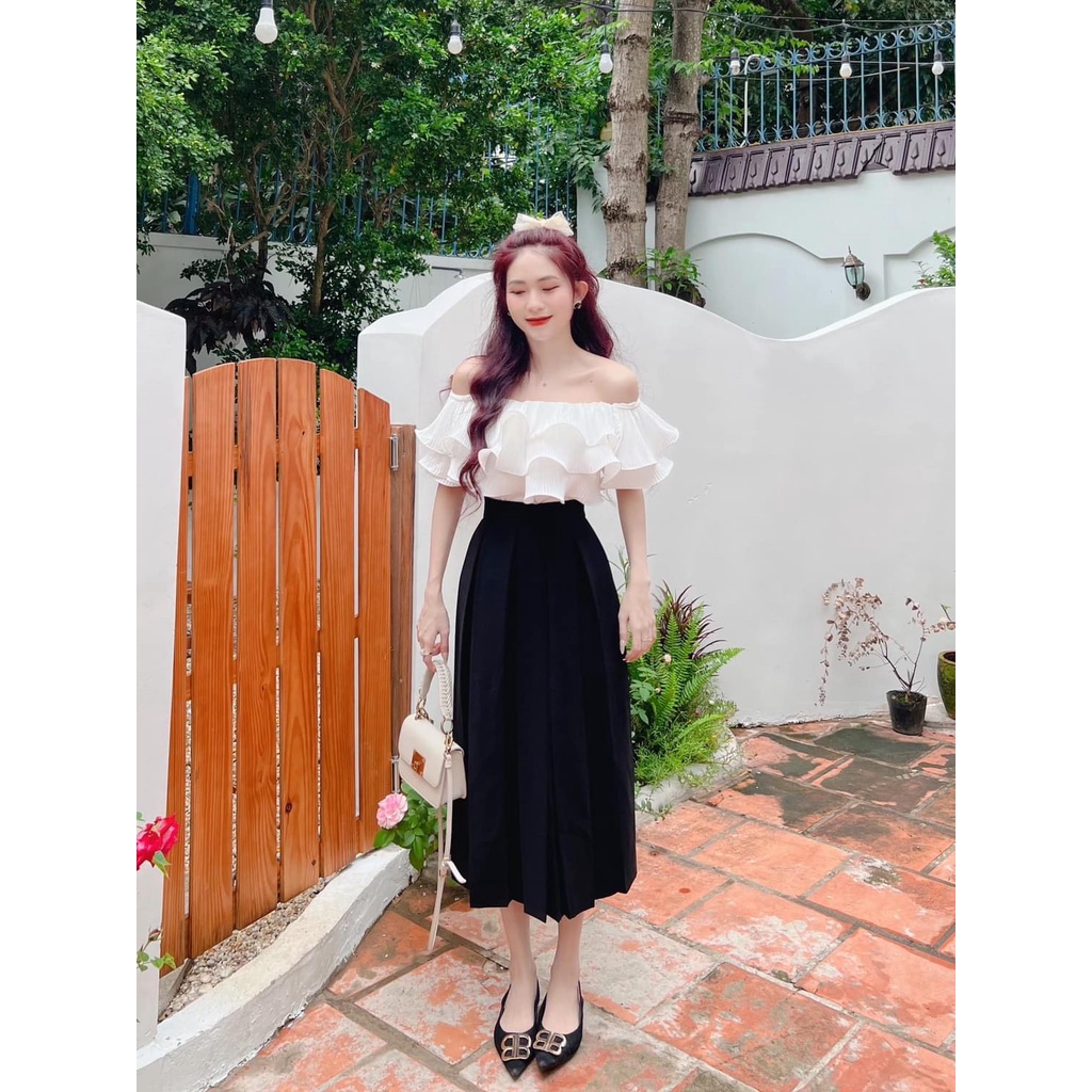 Chân váy Midi xòe dáng dài xếp ly to