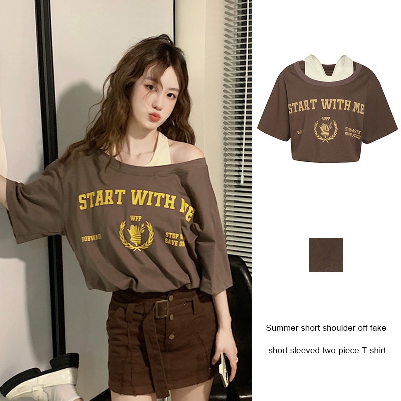 【beautycoco1】🎀Áo Croptop Ngắn Tay Áo Thun 2 trong 1 In Họa Tiết Phong Cách retro Thời Trang Gợi Cảm Cho Nữ