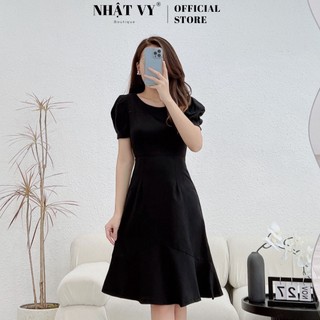 Đầm công sở NHẬT VY đuôi cá cổ tròn viền ngực tay phồng cách điệu chất cotton lụa gân phù hợp đi chơi dạo phố- D2548