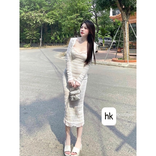 Váy body viền ren ngực kèm áo khoác sang chảnh