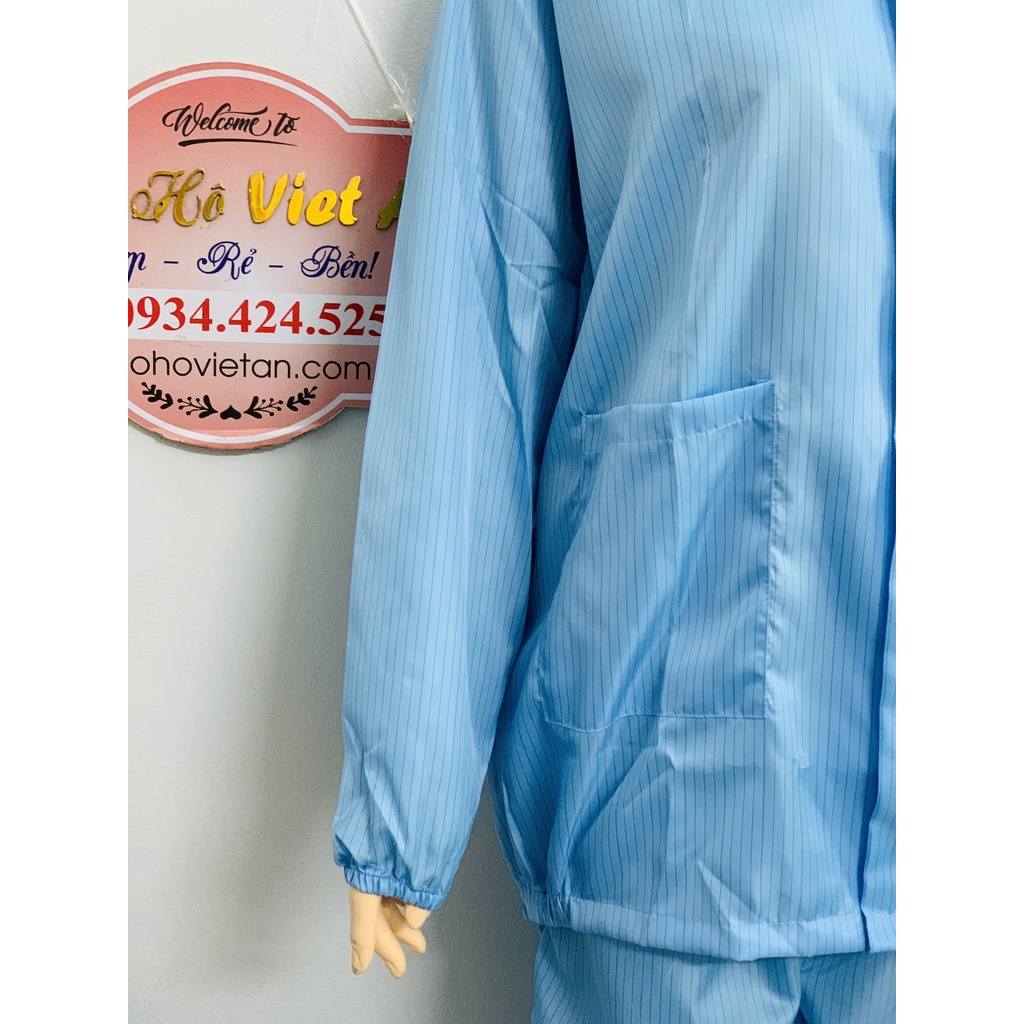 Đồng phục quần áo có nón xanh phòng sạch chống tĩnh điện dài tay