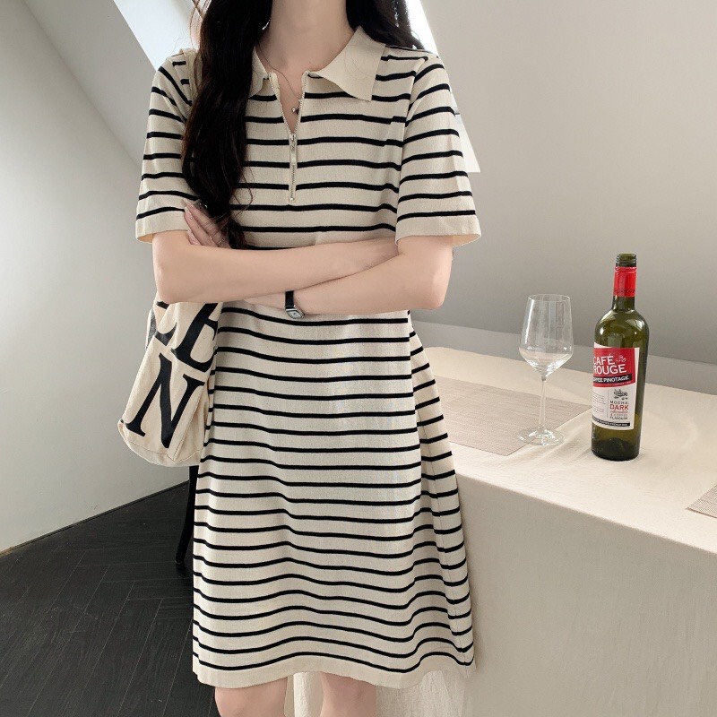 Bingshopvn Đầm Polo Nữ Khóa Cổ Dáng Rộng Kẻ Sọc Kiểu Hàn Quốc Thời Trang Mùa Hè